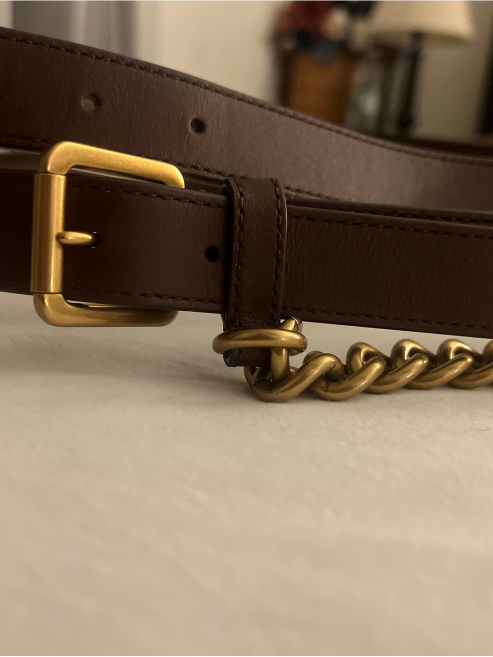 Lauren Ralph Lauren Brown Leather Double-Strap Belt with Gold Chain - Picture 2 of 2